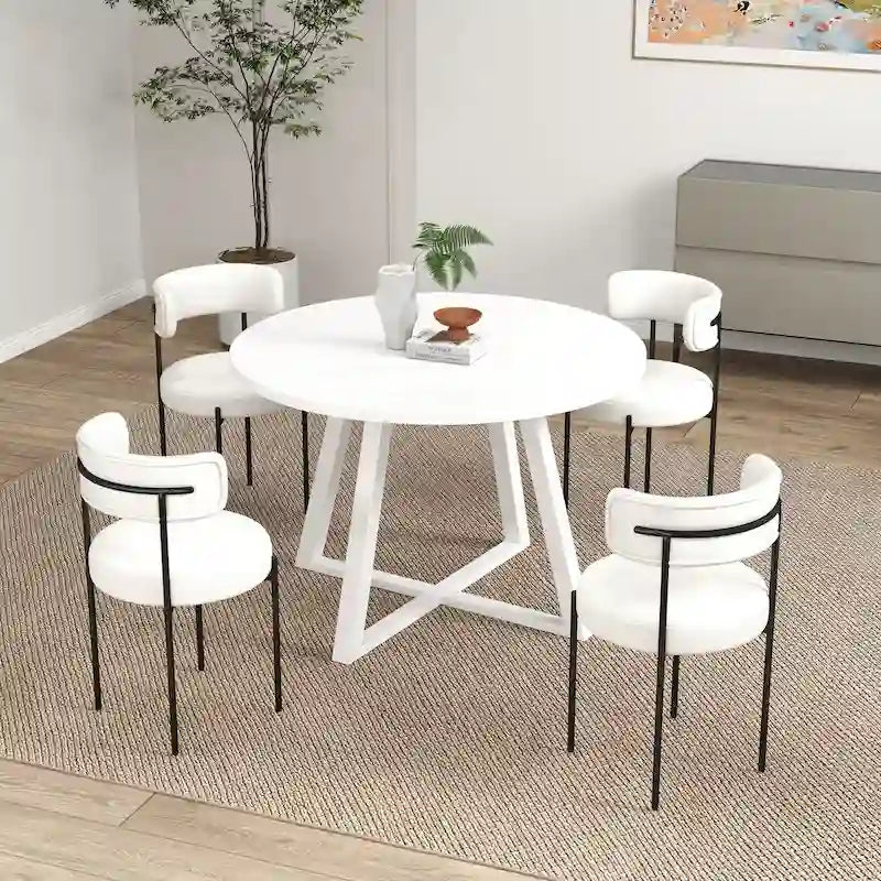 Juego de comedor redondo blanco/gris, base de caballete, sillas de boucle, 5 plazas