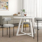 Juego de comedor redondo blanco/gris, base de caballete, sillas de boucle, 5 plazas