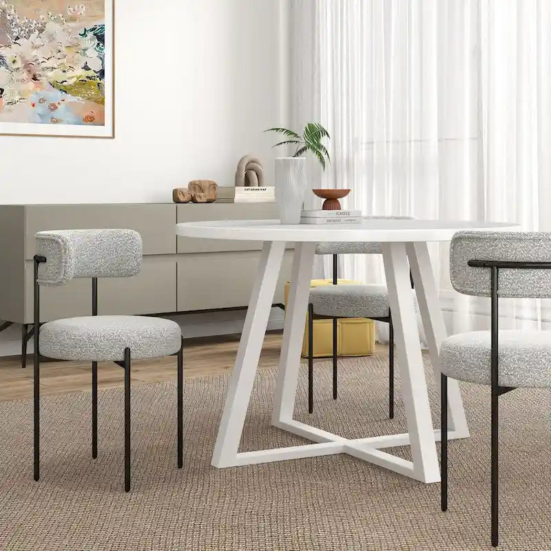 Juego de comedor redondo blanco/gris, base de caballete, sillas de boucle, 5 plazas