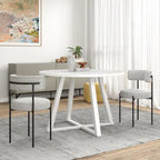 Juego de comedor redondo blanco/gris, base de caballete, sillas de boucle, 5 plazas