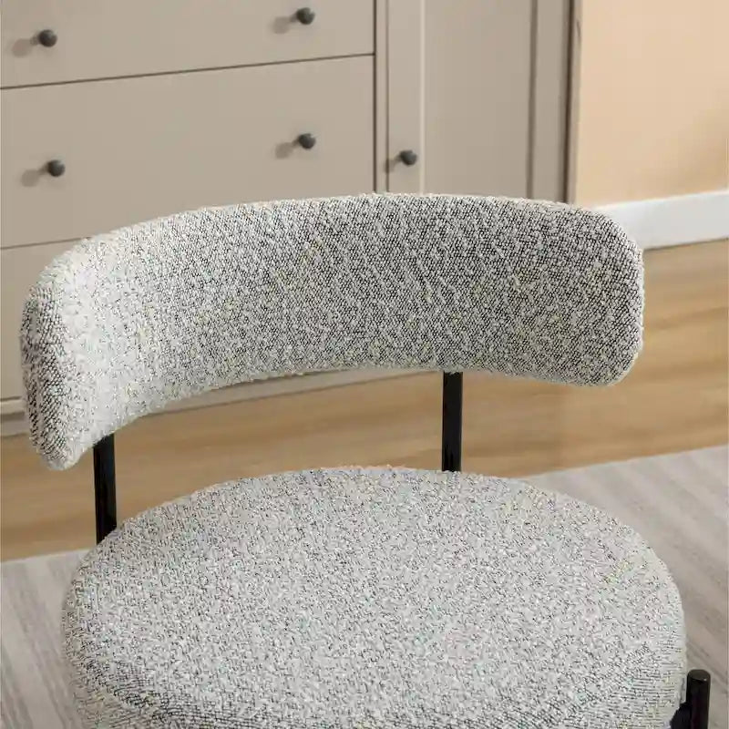 Juego de comedor redondo blanco/gris, base de caballete, sillas de boucle, 5 plazas
