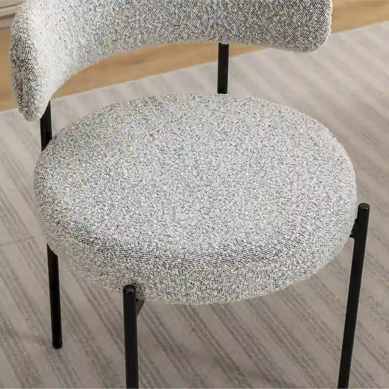 Juego de comedor redondo blanco/gris, base de caballete, sillas de boucle, 5 plazas