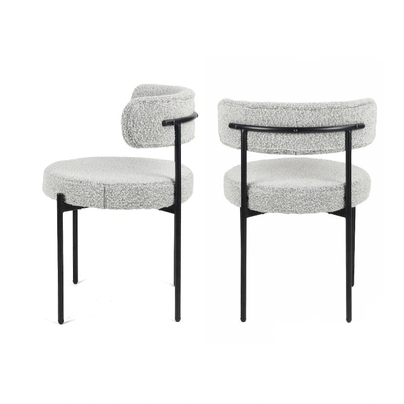 Juego de comedor redondo blanco/gris, base de caballete, sillas de boucle, 5 plazas