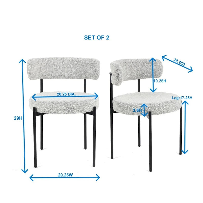 Juego de comedor redondo blanco/gris, base de caballete, sillas de boucle, 5 plazas