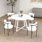 Juego de comedor redondo blanco/gris, base de caballete, sillas de boucle, 5 plazas