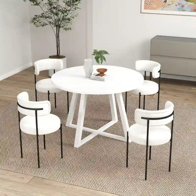 Juego de comedor redondo blanco/gris, base de caballete, sillas de boucle, 5 plazas