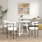 Juego de comedor redondo blanco/gris, base de caballete, sillas de boucle, 5 plazas