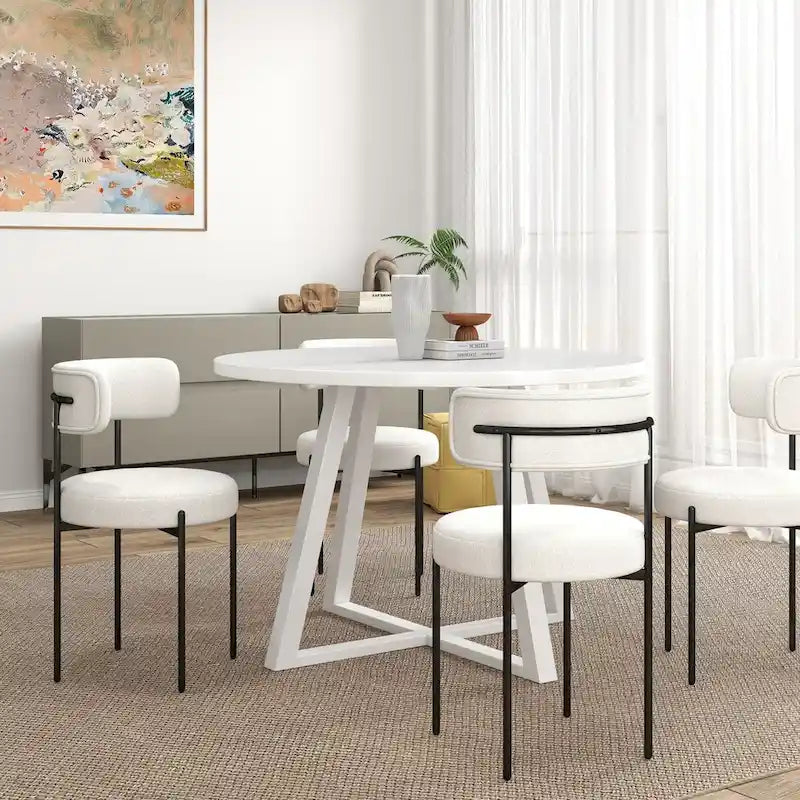 Juego de comedor redondo blanco/gris, base de caballete, sillas de boucle, 5 plazas