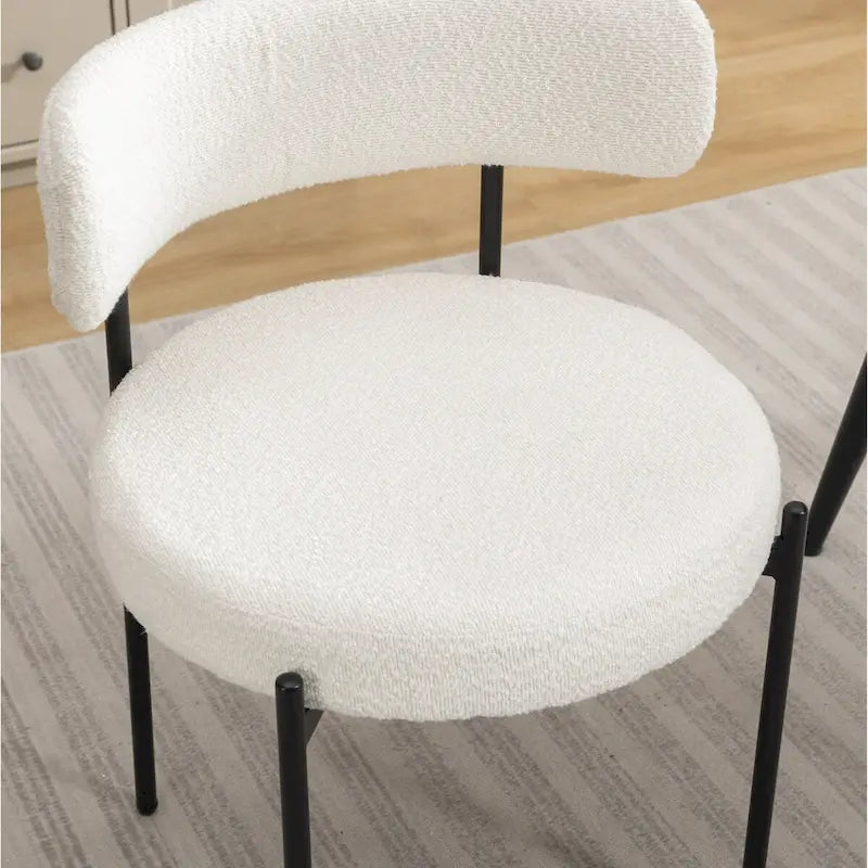 Juego de comedor redondo blanco/gris, base de caballete, sillas de boucle, 5 plazas