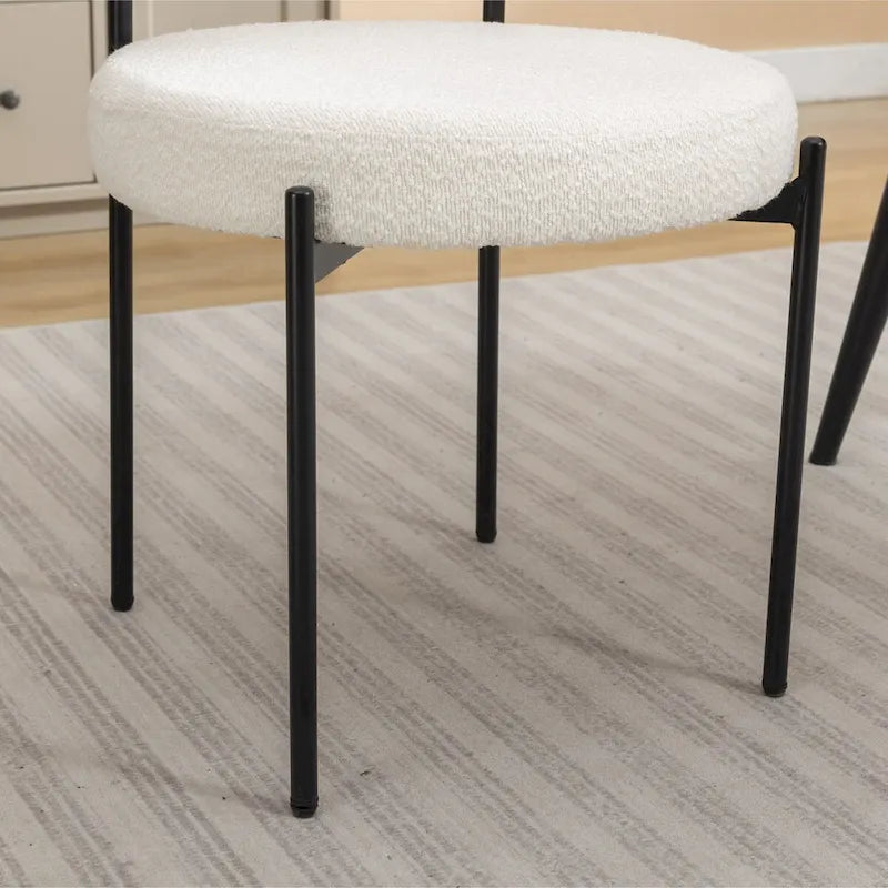 Juego de comedor redondo blanco/gris, base de caballete, sillas de boucle, 5 plazas